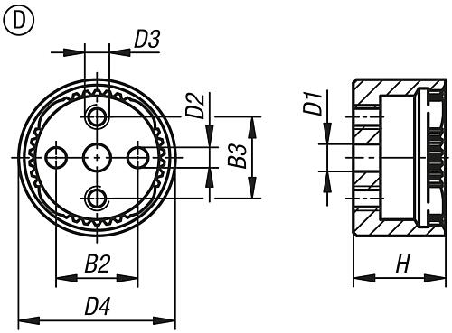 Zeichnung Rastelement mit Innenverzahnung, Form: D, D4=23, N=38, H=13,5, Edelstahl blank - K1446.142338 - bei HUG Technik ✭
