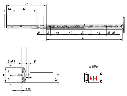 Teleskopschiene L=350 12,7X50, Überauszug S=388, Fp=60, Stahl verzinkt und passiviert, Montage aufliegend, 1 Paar - K1579.0350 - bei HUG Technik ♡