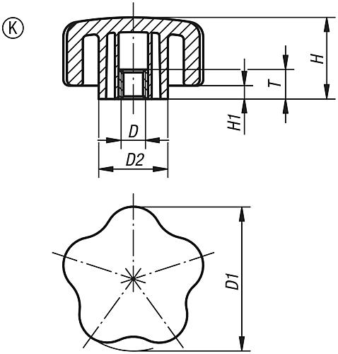 Fünfsterngriff M05, Form: K Thermoplast, Komp: Messing, D3=40 - K0279.4005 - gibt’s bei ☆ HUG Technik ✓