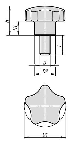 Fünfsterngriff poliert M06X10, Form: L Duroplast, schwarz, Komp: Automatenstahl, Komp: blau passiviert, D1=32 - K1298.3206X10 - gibt’s bei HUG Technik ✓