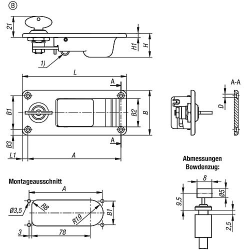 Auslöser mit Schloss, Form: B Montage vorne, Zink schwarz pulverbeschichtet, Komp: Zink schwarz pulverbeschichtet - K1481.2101114511 - direkt von HUG Technik ✓