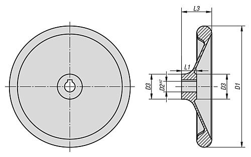 Handrad mit Nut D1=100 Aluminium, D2=10 - K0163.1100X10 - direkt bei HUG Technik ✓