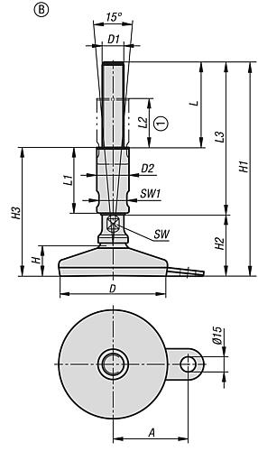 Stellfuß für Hygienebereich M16, Form:B Edelstahl, D=100 - K1303.210016X140 - bei HUG Technik ♡