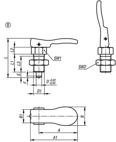 Arretierbolzen mit Exzentergriff mit Rastfunktion Gr.1 M10X1, D=5, Form B mit Kontermutter, Edelstahl ungehärtet - K1584.19105 - bekommst Du bei ★ HUG Technik ✓
