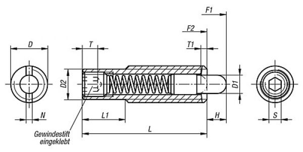 Federndes Druckstück lange Ausführung M08 L=30 Stahl,  Komp: Bolzen aus Stahl - K0657.608X30 - bekommst Du bei HUG Technik ♡