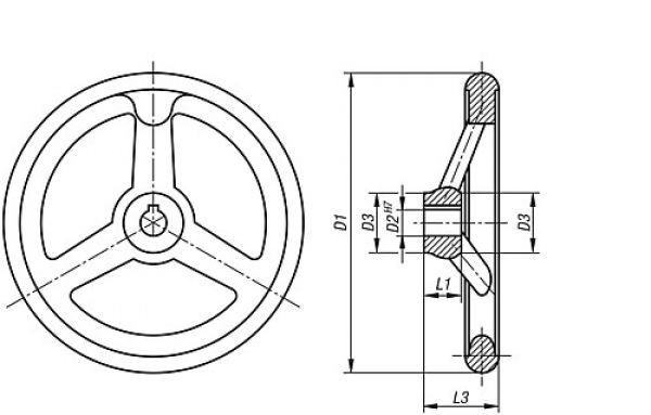 Handrad mit Nut D1=100 Aluminium, ohne Griff, Komp: Aluminium, D2=10 - K0160.1100X10 - bei HUG Technik ✭