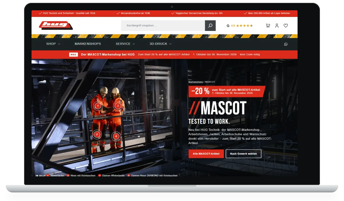 MASCOT-Markenshop von HUG Technik auf einem Laptop
