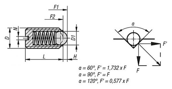 Federndes Druckstück Standard Federkraft M04 L=16 Stahl, lange Ausführung, Komp: Kugel aus Stahl - K0309.404 - kommt direkt von HUG Technik 😊