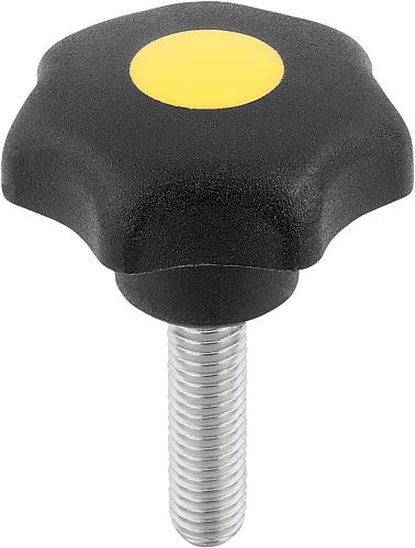 Sterngriff M05x15 D1=25, Form: L Thermoplast, schwarz, Komp: Edelstahl, Komp: gelb RAL1021 - K0154.4057X15 - bei HUG Technik ♡