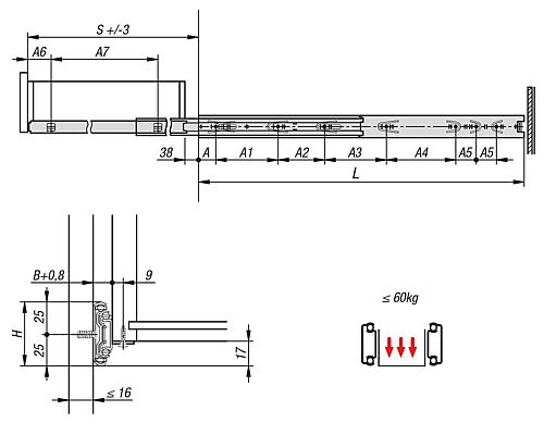 Teleskopschiene L=350 12,7X50, Überauszug S=388, Fp=60, Stahl verzinkt und passiviert, Montage aufliegend, 1 Paar - K1579.0350 - bei HUG Technik ♡