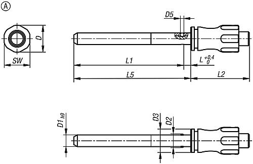 Kugelsperrbolzen mit Kopfarretierung mit Griffmulde, Form: A, D1=10, L5=100, Edelstahl 1.4305 blank, Komp: Edelstahl - K1414.001510100 - gibt’s bei ☆ HUG Technik ✓