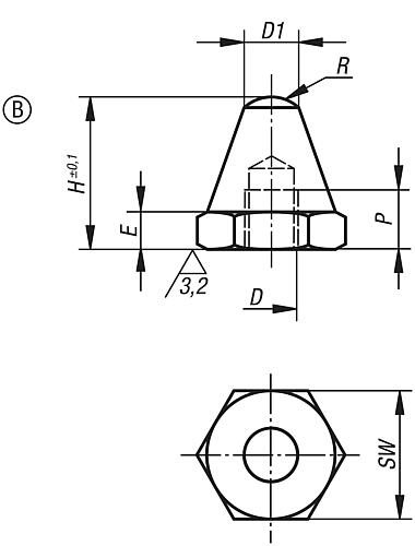 Zeichnung Auflagebolzen M06 H=12,5, Form: B Vergütungsstahl, T=11 - K0294.206012 - bei HUG Technik ✭