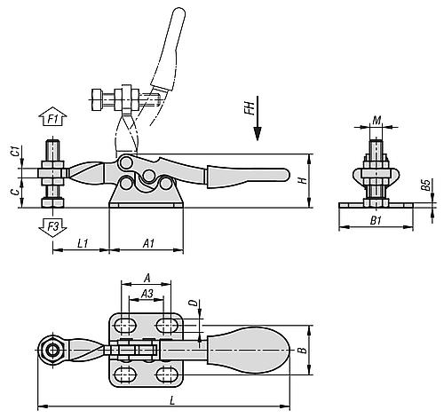 Schnellspanner Horizontal Mini, Fuß waagrecht F1=500, feste Andruckspindel M04x20, Edelstahl blank, - K1541.10500 - bekommst Du bei ★ HUG Technik ✓