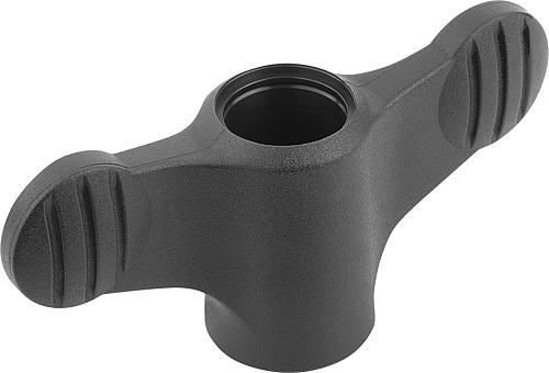 Flügelgriff M04, A=38, Form: D Thermoplast, schwarz RAL7021, Innengewinde durchgehend, Komp: Edelstahl - K0274.10904 - bei HUG Technik ✭