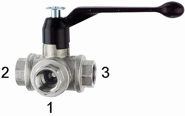 3-Wege-Kugelhahn, L-Bohrung, Messing vernickelt, Rp 3/8, DN 10 - erhältlich bei ✭ HUG Technik ✓