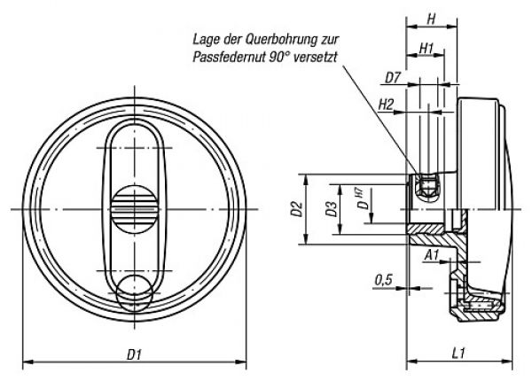 Handrad mit Nut Gr.1 D1=80 Thermoplast, ohne Griff, D=10 - K0256.10801003 - gibt’s bei HUG Technik ✓