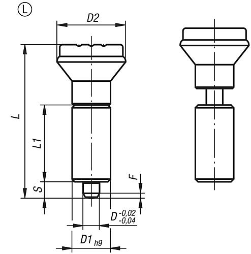 Arretierbolzen Gr.1, Form: L Edelstahl, gehärtet, Komp: Thermoplast, D1=12, D=5 - K0347.01105 - erhältlich bei ✭ HUG Technik ✓