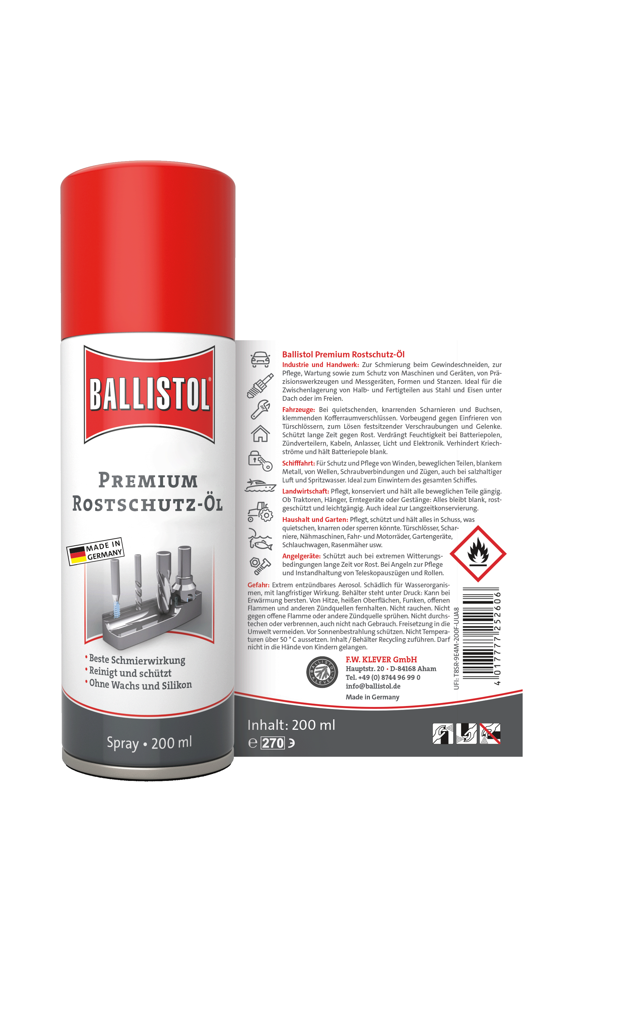 Ballistol Premium Rostschutzöl ProTec Spray, Rückseite mit Produktinformationen