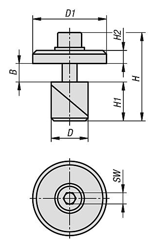 Zeichnung Spannbolzen mit Scheibe, D=16, H=48, Stahl brüniert - K1504.016 - direkt bei HUG Technik ✓
