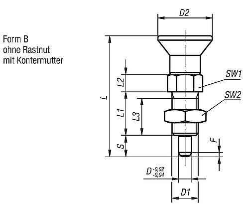 Arretierbolzen mit verl. Arretierstift Gr.0 M08x1, Form: B Edelstahl, gehärtet, Komp: Thermoplast, D=4 - K0630.202004 - bekommst Du bei ★ HUG Technik ✓