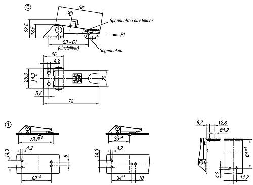 Spannverschluss einstellbar, Form: C Edelstahl, Anschraubbohrung sichtbar - K0046.3420722 - bei HUG Technik ☆