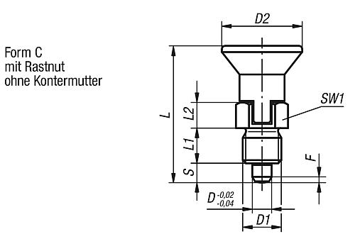 Arretierbolzen kurze Ausführung Gr.0 M08x1, Form: C Edelstahl, ungehärtet, Komp: Thermoplast, D=4 - K0631.17004 - direkt bei HUG Technik ✓