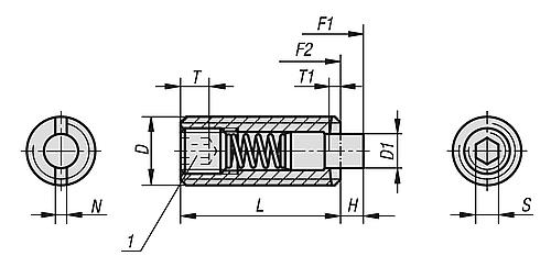 Federndes Druckstück Standard Federkraft M05 L=18 Stahl, flach, Komp: Bolzen aus POM - K1372.05 - direkt bei HUG Technik ✓