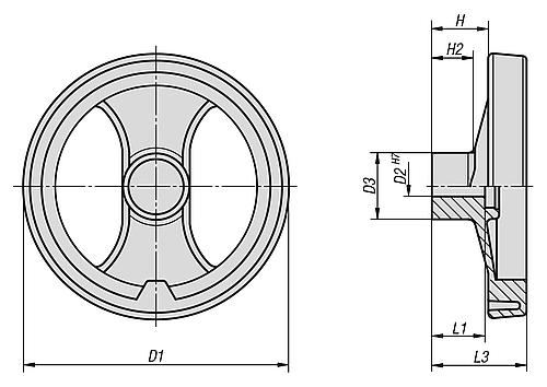 2-Speichen-Handrad mit Nut D1=129 Polyamid, ohne Griff, D=12 - K0725.1130X12 - bei HUG Technik ✓
