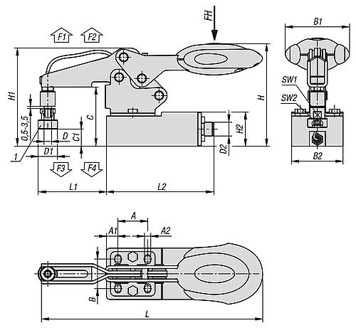 Schnellspanner mit Sicherheitsverriegelung und Kraftsensor, horizontal M06, F4=1200, C1=Max.16,4, 4-20Ma - K1463.10610011 - bei HUG Technik ✭