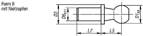Zeichnung Kugelzapfen für Winkelgelenke, Form:B Stahl, D1=10 - K0713.1045 - erhältlich bei ♡ HUG Technik ✓