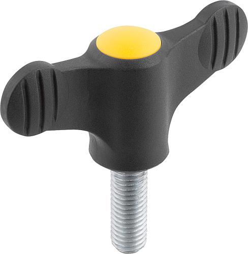 Flügelgriff M05x15, A=38 Thermoplast, schwarz RAL7021, Komp: Stahl, Komp: gelb RAL1021 - K0274.9057x15 - bekommst Du bei HUG Technik ♡
