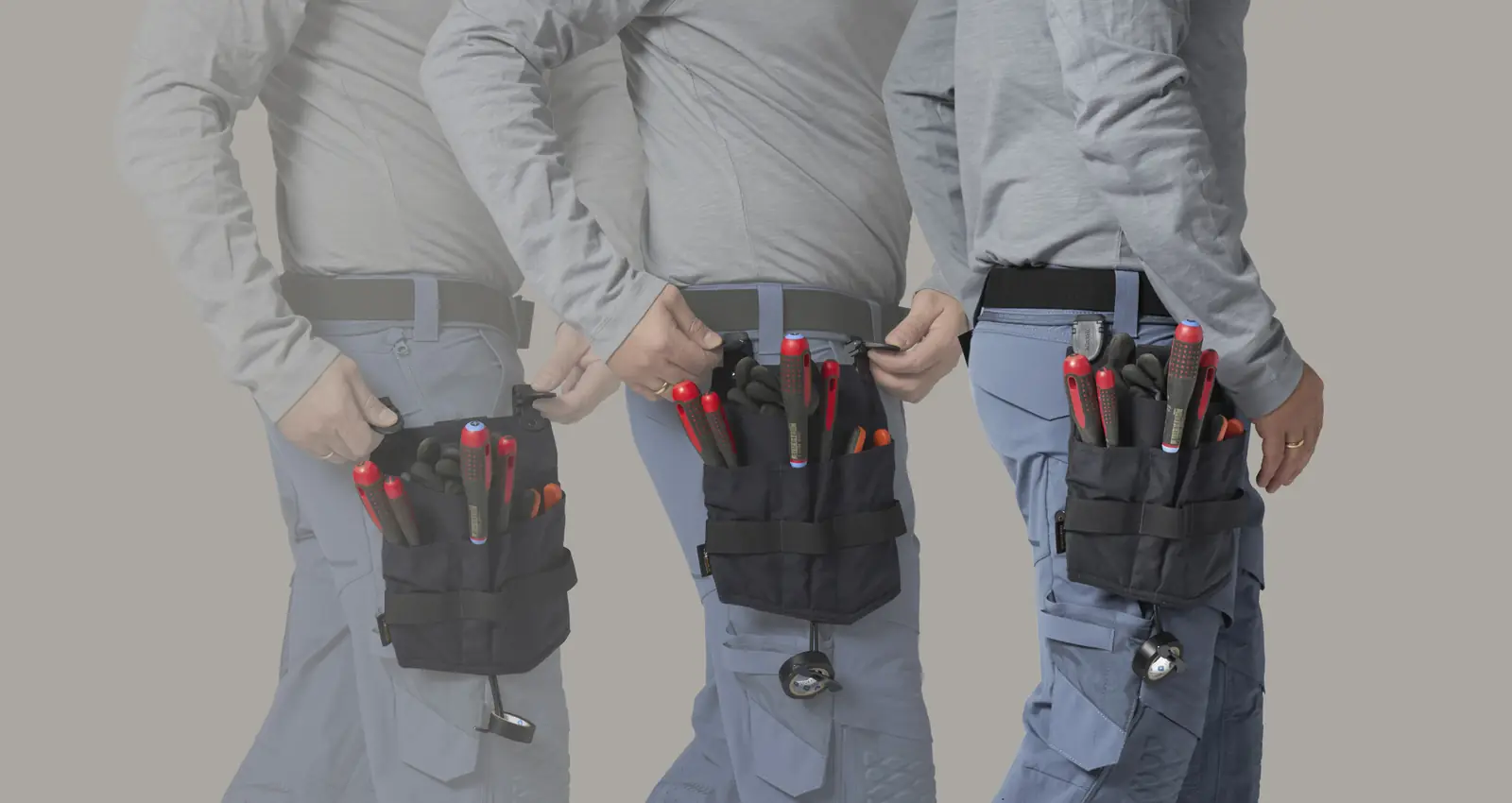 MASCOT Hängetasche wird in drei Schritten per Click Pocket System an die Hose geklickt
