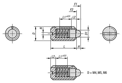 Federndes Druckstück Standard Federkraft M04 L=9 Stahl, LONG-LOK, Komp: Bolzen aus Stahl - K0323.04 - bei HUG Technik ✭