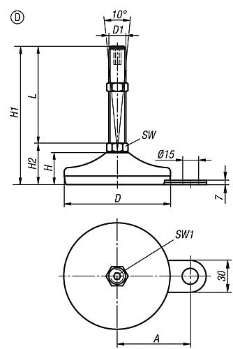 Stellfuß mit Innensechskant M10X50, Form:D Edelstahl, Komp:Gummi, D=60 - K0739.4206010X50 - gibt’s bei ☆ HUG Technik ✓