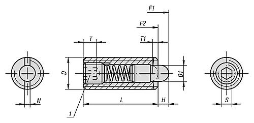Federndes Druckstück Standard Federkraft M03 L=10 Stahl, Komp: Bolzen aus POM - K0318.03 - bei HUG Technik ✓