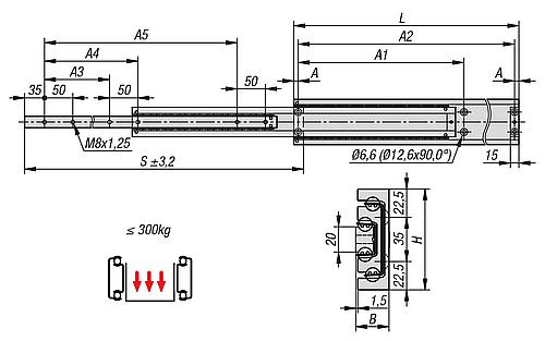 Teleskopschiene L=1000 26,5X80, Vollauszug S=1000, Fp=230, Aluminium blank, Montage seitlich, 1 Stück - K1721.1000 - bekommst Du bei ★ HUG Technik ✓