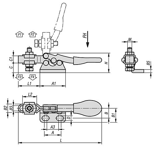 Schnellspanner Horizontal Mini, Fuß waagrecht F1=250, verstellbare Andruckspindel M04x20, Stahl verzinkt, - K1543.0250 - kommt direkt von HUG Technik 😊