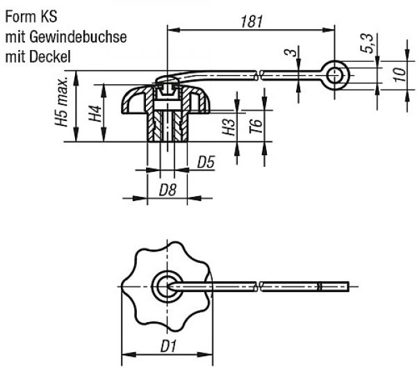 Sterngriff mit Sicherungsband D1=63, Form: KS Thermoplast, schwarz, Komp: Stahl, Komp: rot RAL3020 - K0155.6126 - bei HUG Technik ✭