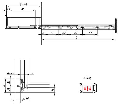 Teleskopschiene L=300 12,7X46, Vollauszug S=300, Fp=35, Stahl blau verzinkt, Montage aufliegend, 1 Stück - K1574.0300 - bei HUG Technik ☆