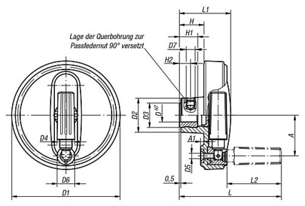 Handrad mit Nut Gr.1 D1=80 Thermoplast, umlegbar, Komp: Thermoplast, D=10 - K0258.10801003 - kommt direkt von HUG Technik 😊