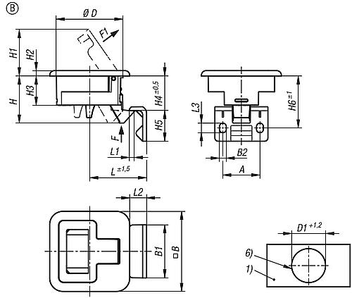 Schnappverschluss klappbar, nicht abschließbar, Form: B, S=12-17, H=35,5, M05x16, PC/ABS beige, Komp: PC/ABS - K1651.2012356033 - direkt bei HUG Technik ✓