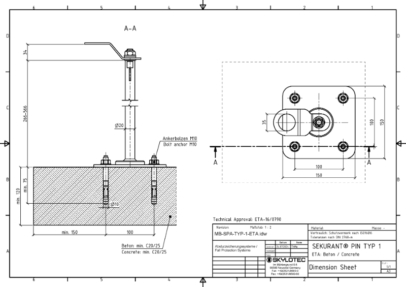 Einzelanschlagpunkt SEKURANT® PIN TYP 1, O Detailansicht Montage in Beton.