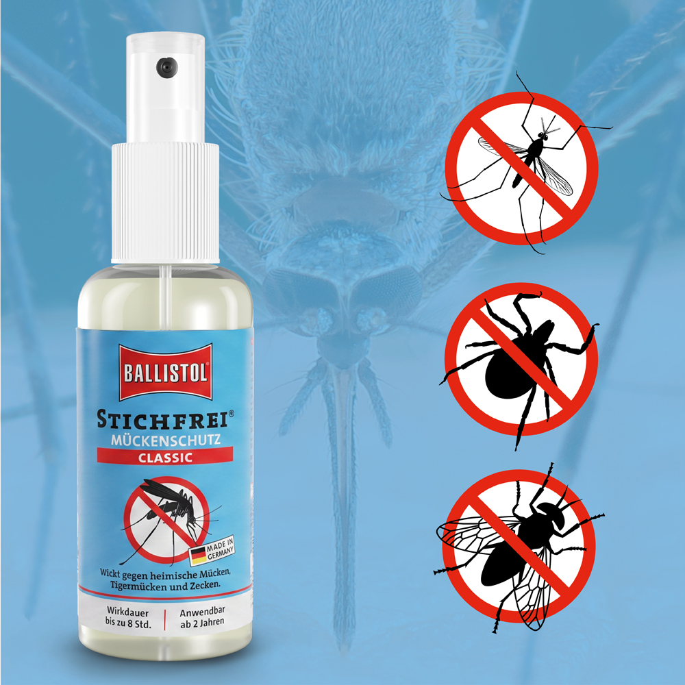 Ballistol Stichfrei Classic Spray vor Mückenstich-Nahaufnahme