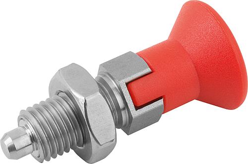 Arretierbolzen Gr.0 M08X1, D=4, Form: D mit Rastnut mit Kontermutter, Edelstahl gehärtet, Komp: Thermoplast Komp: rot - K0338.0400484 - gibt’s bei HUG Technik ✓