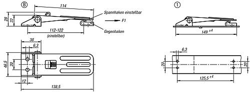 Zeichnung Spannverschluss einstellbar, Form: B Edelstahl, Anschraubbohrung sichtbar - K0048.2631392 - erhältlich bei ♡ HUG Technik ✓