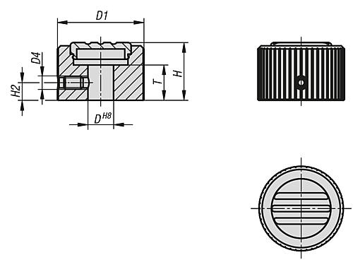 Rändelknopf Klemmung mit Gewindestift D1=27 H=18 Aluminium, schwarz eloxiert, Komp:Thermoplast, Komp:Grau RAL7035 - K1099.27105 - gibt’s bei HUG Technik ✓