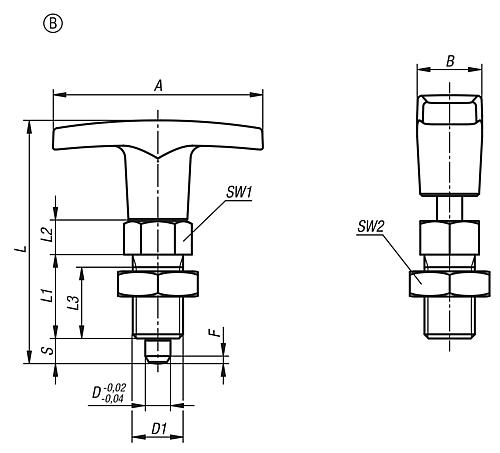 Arretierbolzen mit T-Griff Gr.2 M12X1,5, D=6, Form: B mit Kontermutter, Edelstahl gehärtet, Komp: Polyamid - K1124.06206 - erhältlich bei ♡ HUG Technik ✓