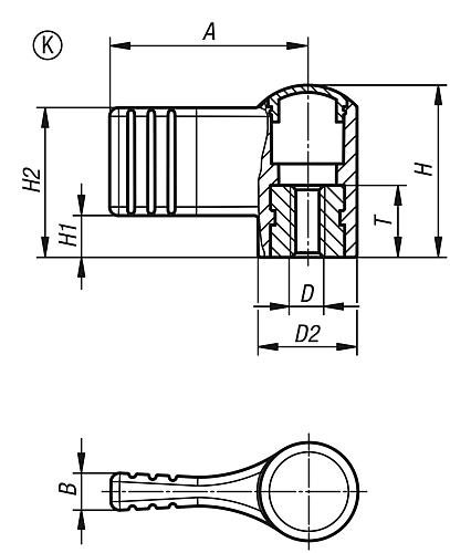 Flügelgriff mit Deckel Gr.1 M06, A=27,5, Form: K Thermoplast, schwarz RAL7021, einseitig, Komp: Edelstahl - K0608.01067 - direkt von HUG Technik ✓