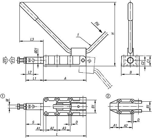 Zeichnung Schubstangenspanner Stahl, schwere Ausführung, Komp:Kunststoff - K0088.0600 - gibt’s bei HUG Technik ✓