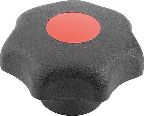 Sterngriff Passbohrung D1=25, Form: G Thermoplast, schwarz, Komp: Stahl, Komp: rot RAL3020 - K0155.3056 - bei HUG Technik ☆